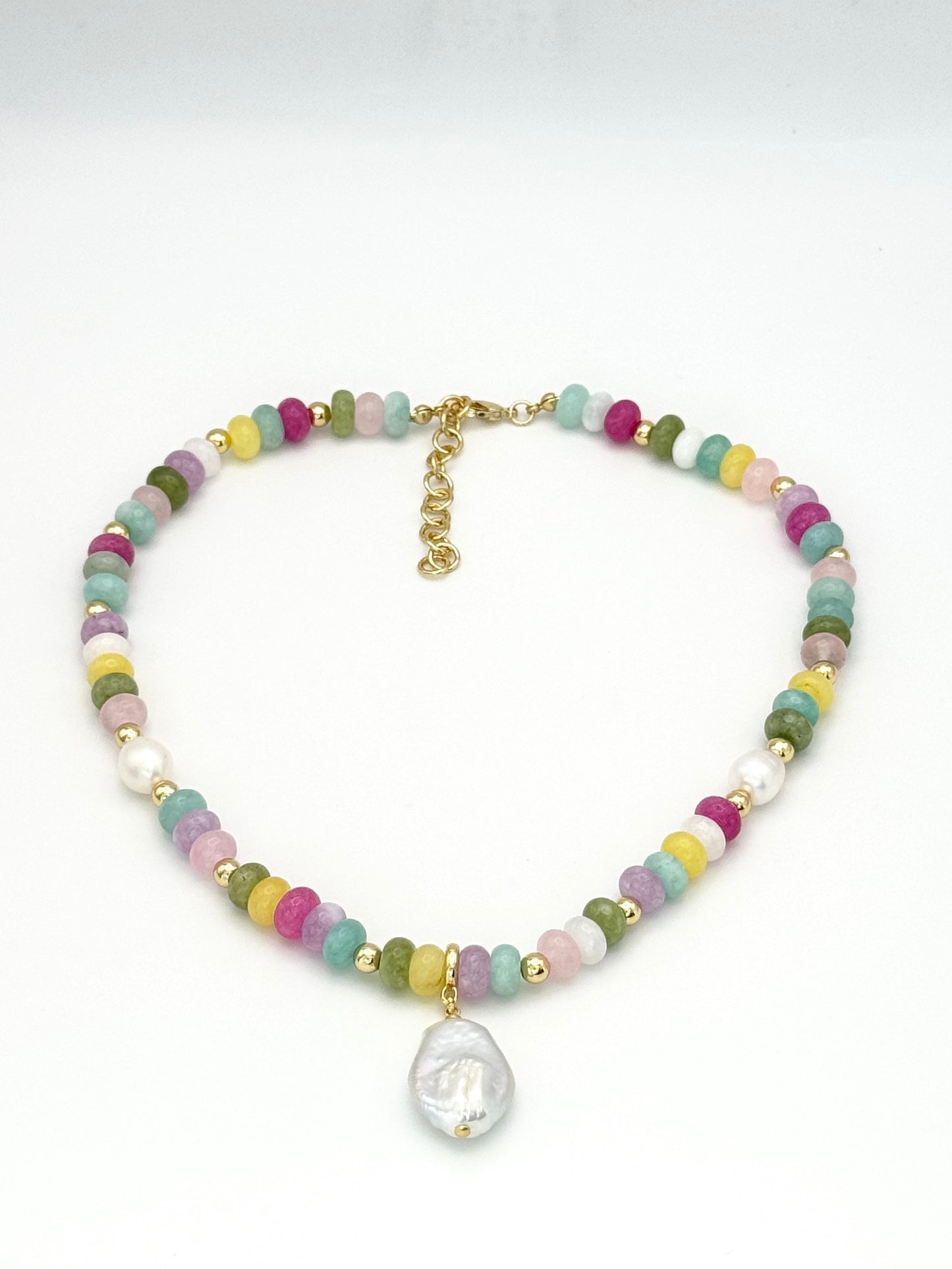 Multi Colored Jade and Freshwater Pearl Necklace