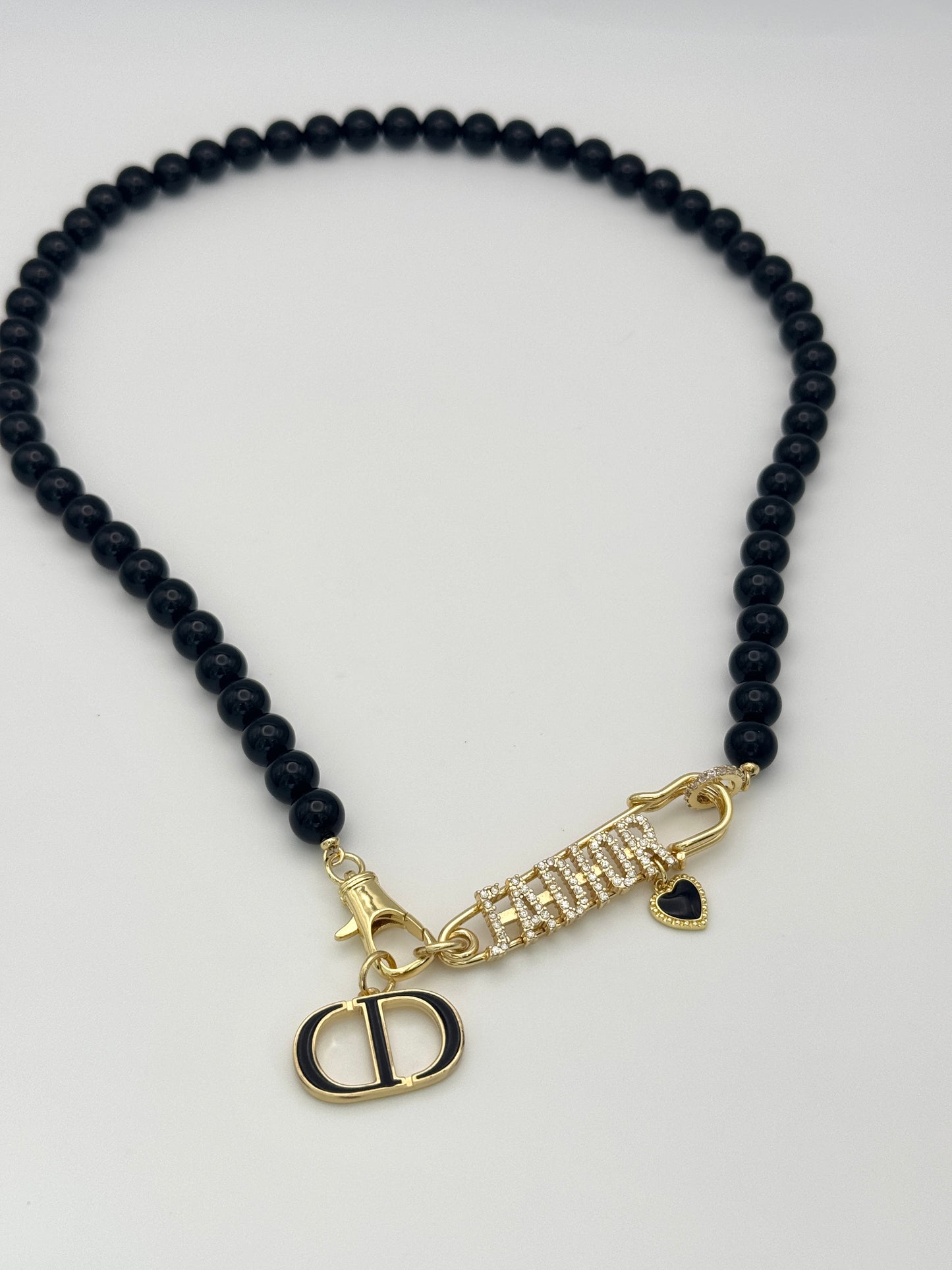 Miss D Black Beaded Safety Pin Necklace