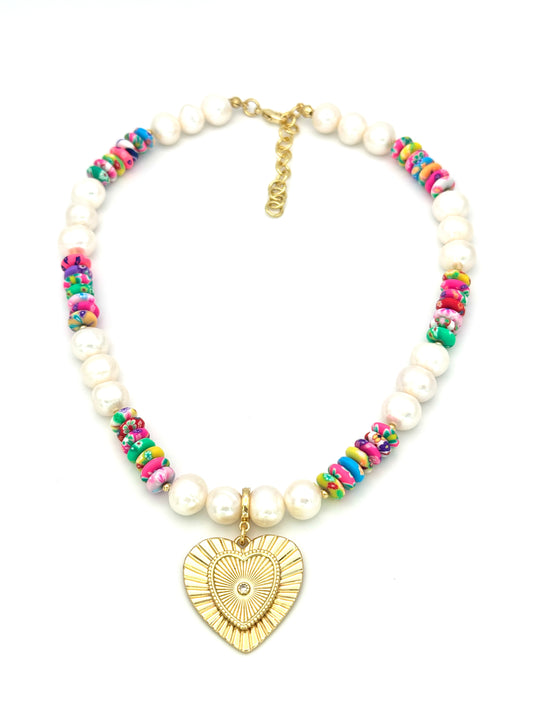 Freshwater Pearl & Clay Rondel Bead Heart Necklace