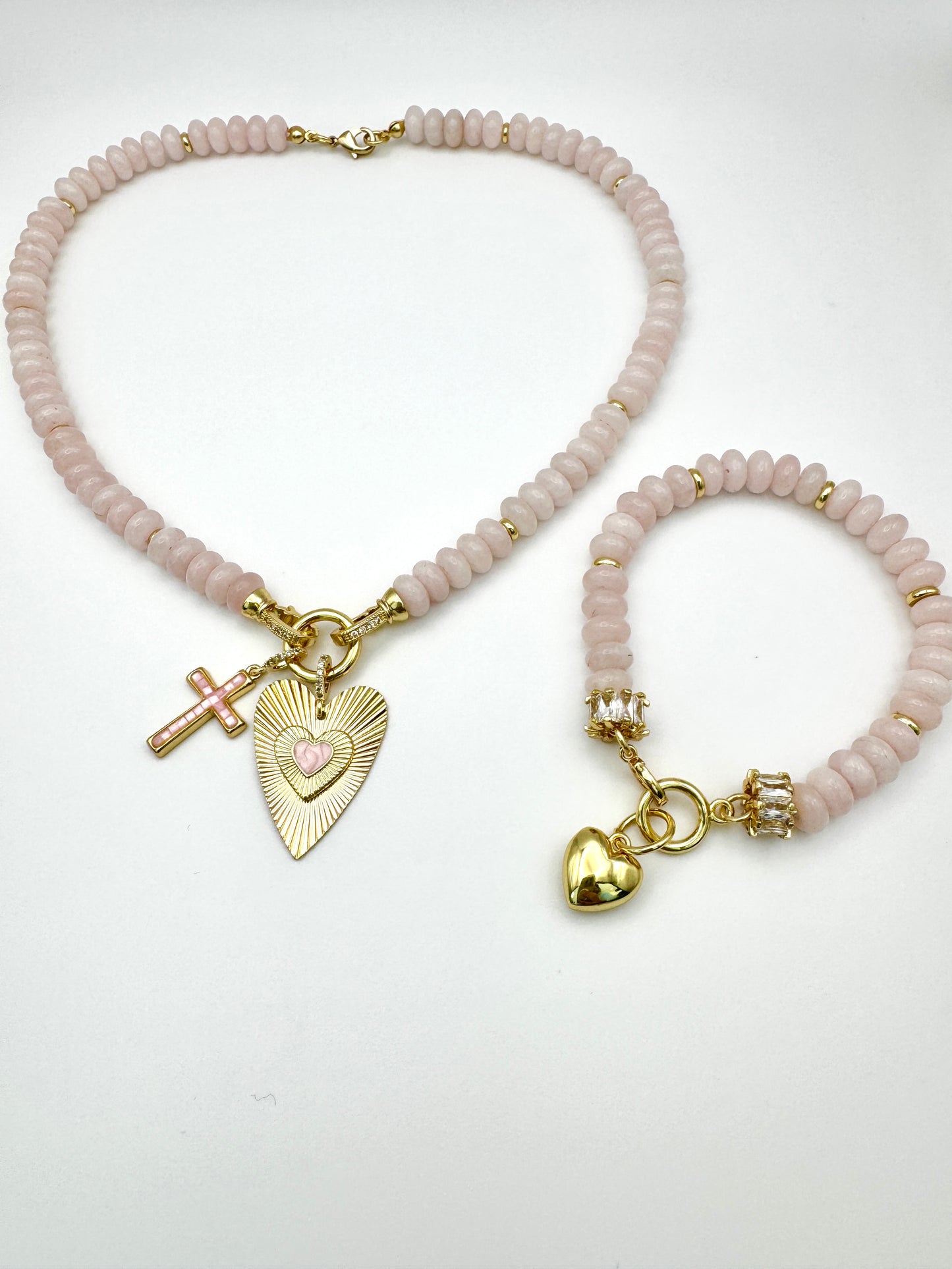 Pink Jade Cross and Heart Necklace