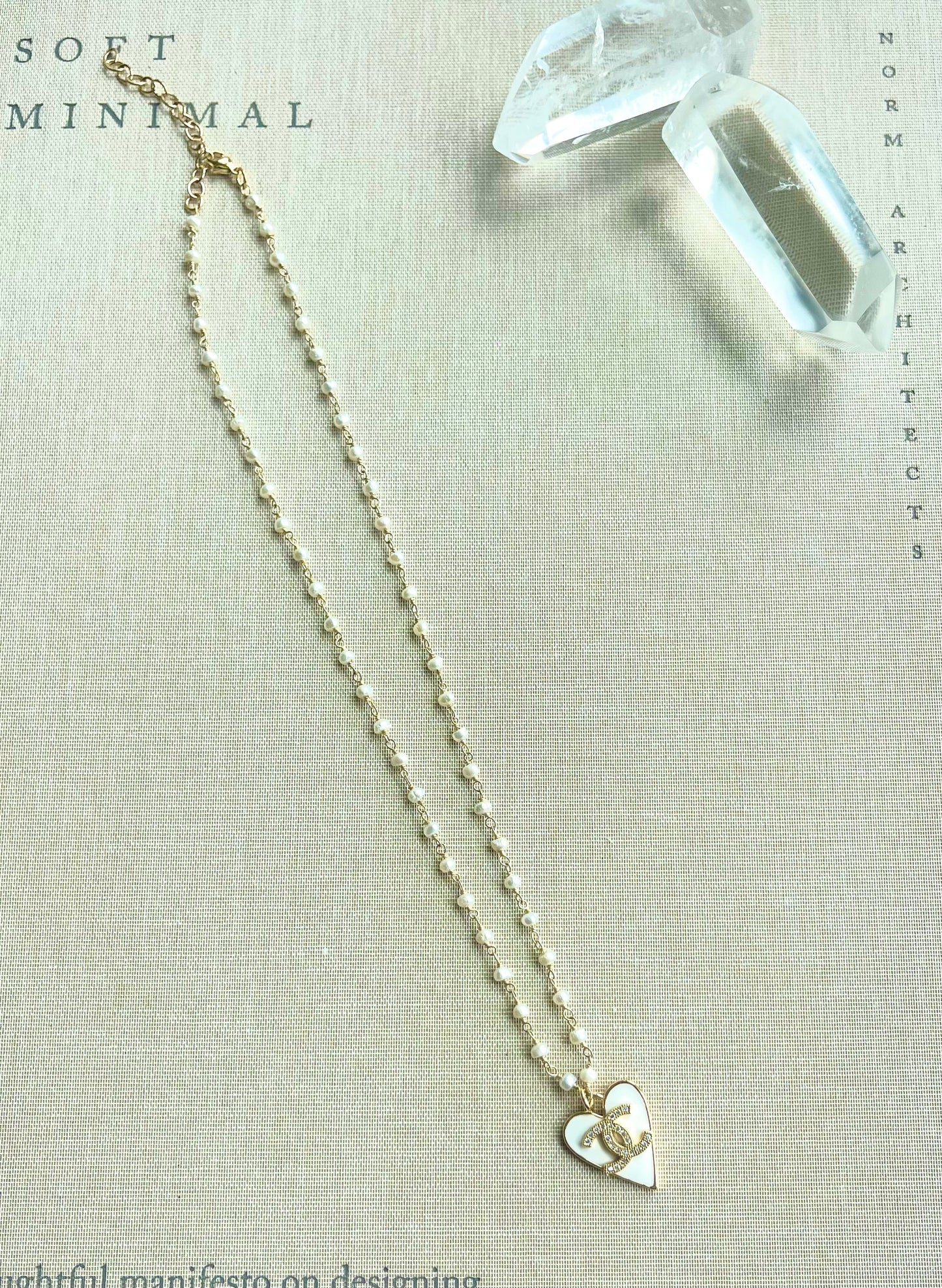 Pearl Chain CC Heart Necklace