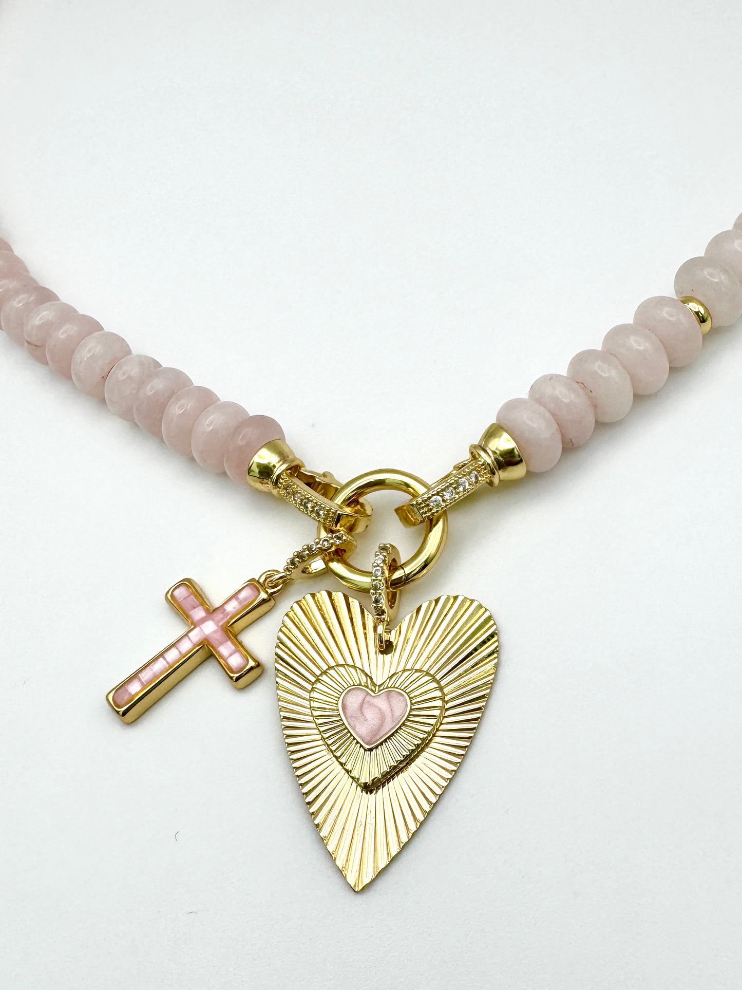 Pink Jade Cross and Heart Necklace