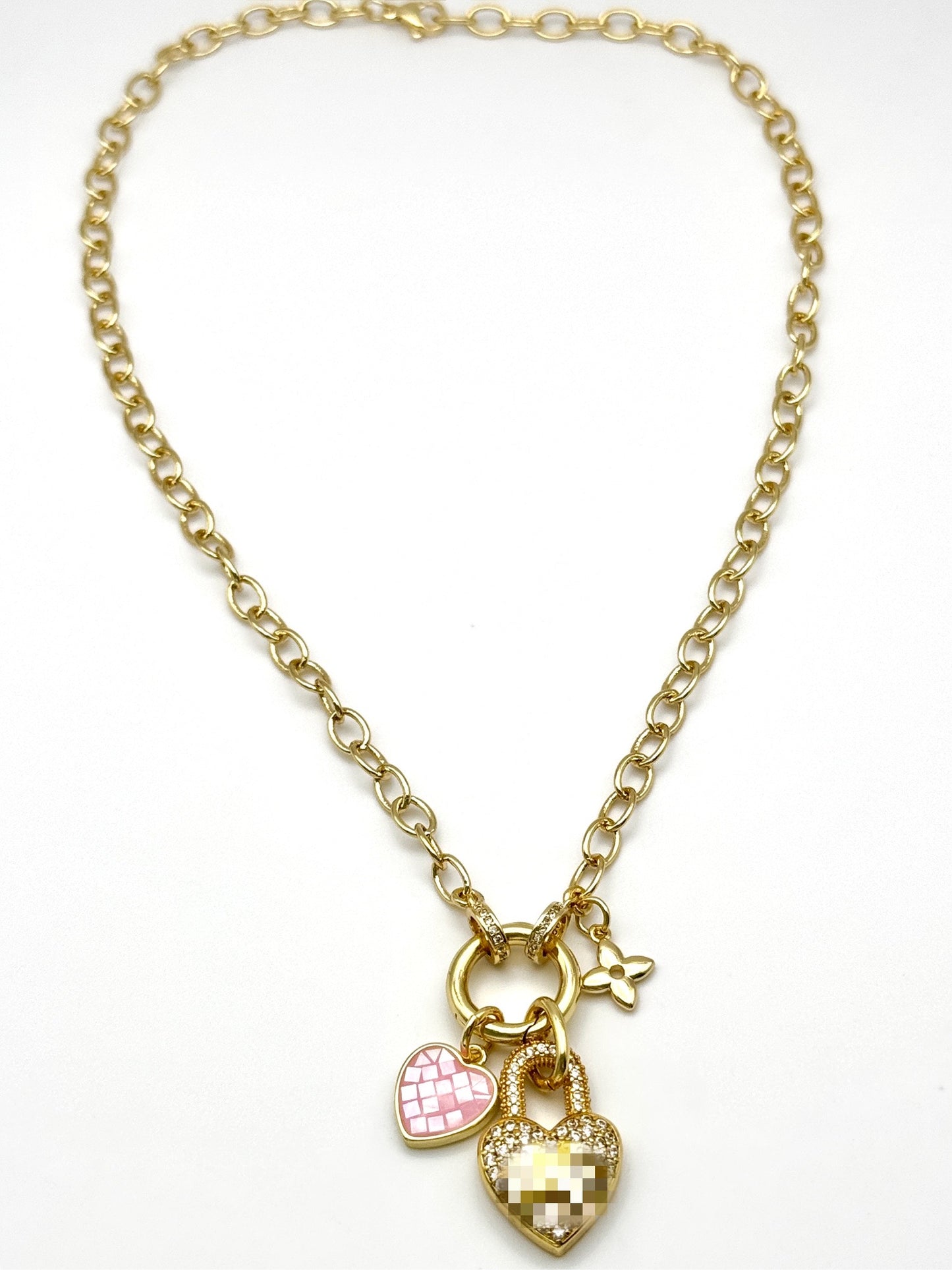 LV Pave Locket Pink Heart Necklace