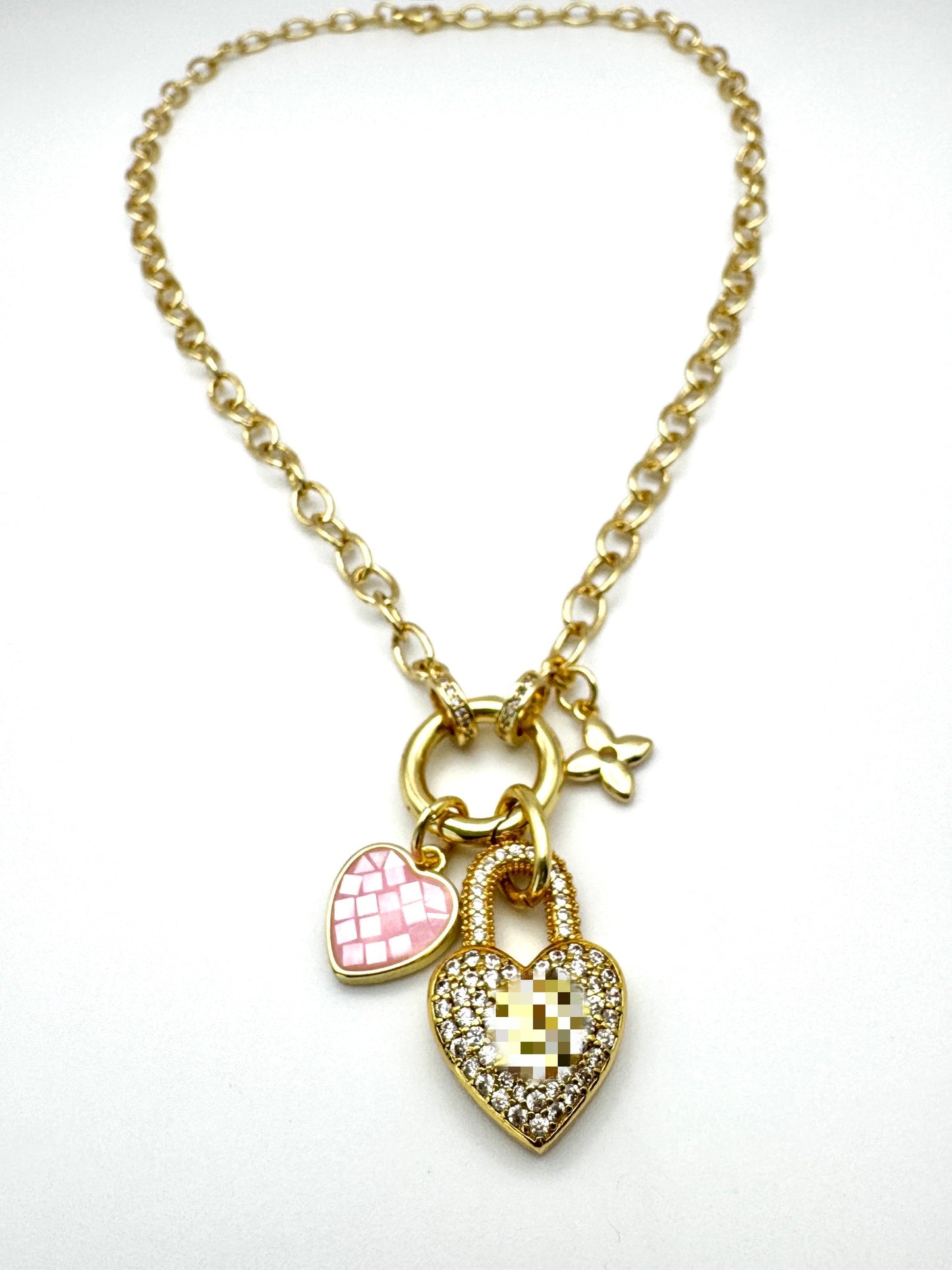 LV Pave Locket Pink Heart Necklace