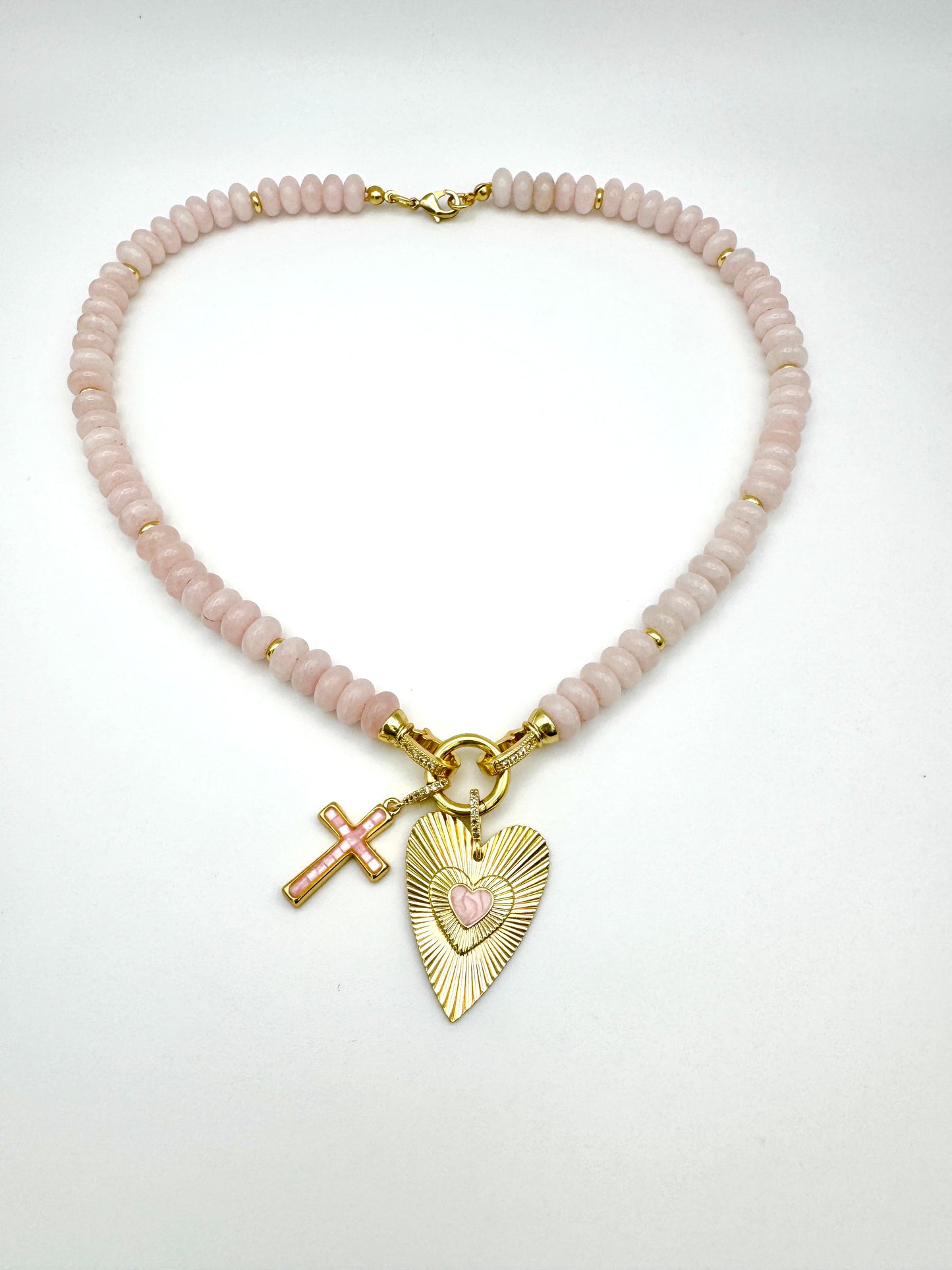 Pink Jade Cross and Heart Necklace