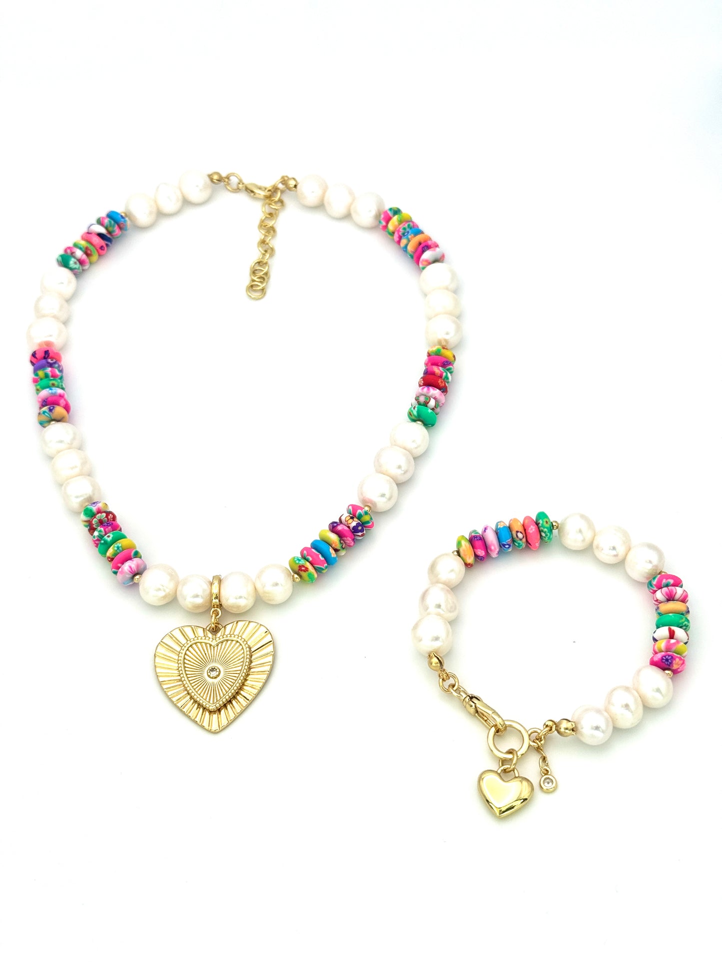 Freshwater Pearl & Clay Rondel Bead Heart Necklace