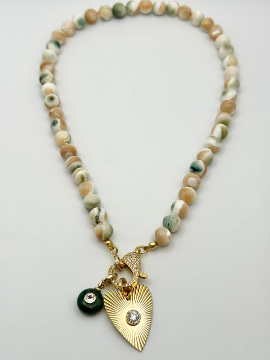 Shell Bead, Raw Emerald and Heart Necklace