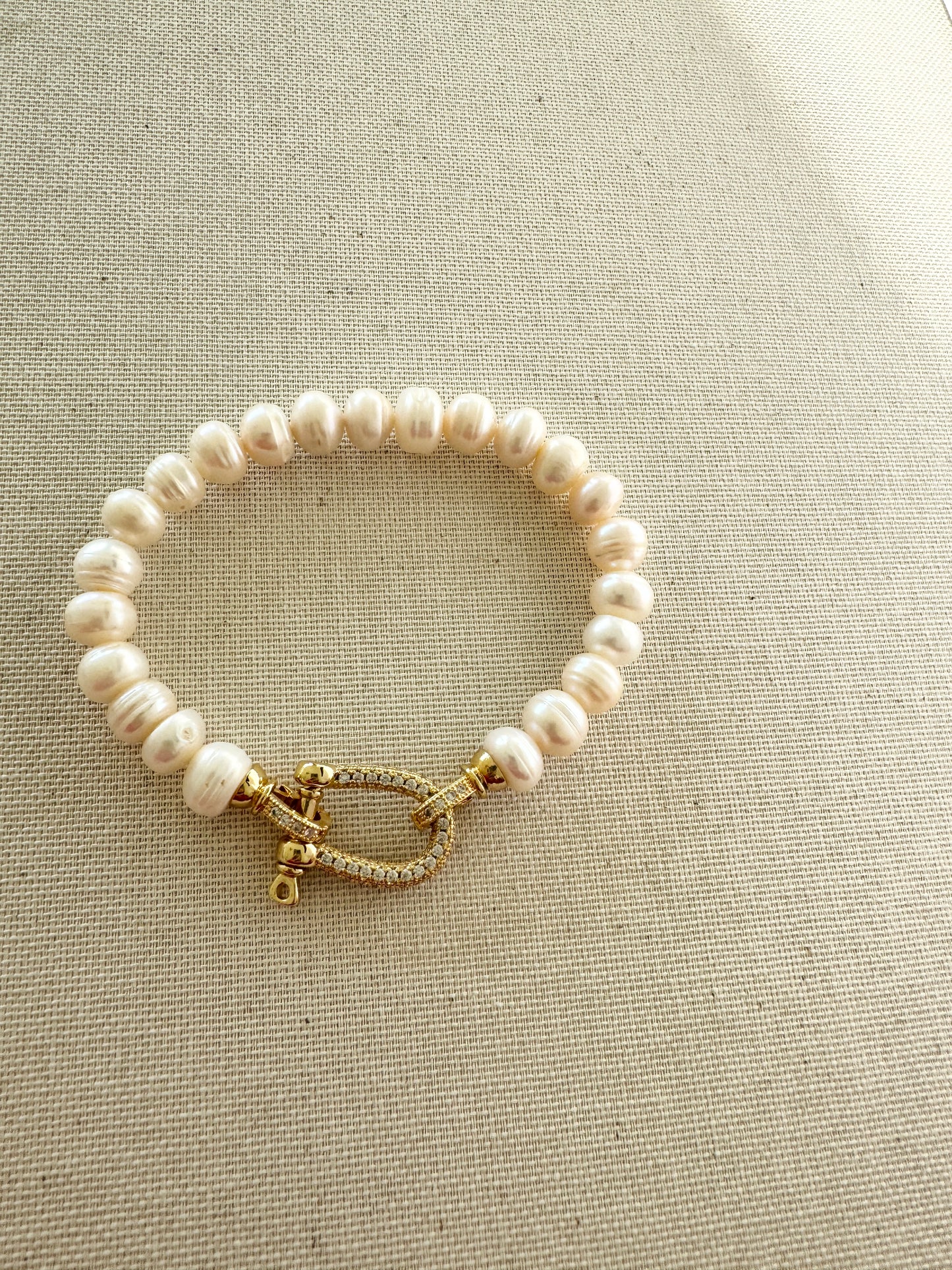 Pave Clasp Freshwater Pearls Bracelet