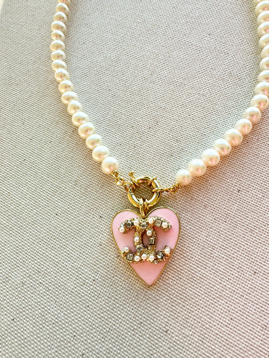 Pink Heart CC and Pearls Necklace