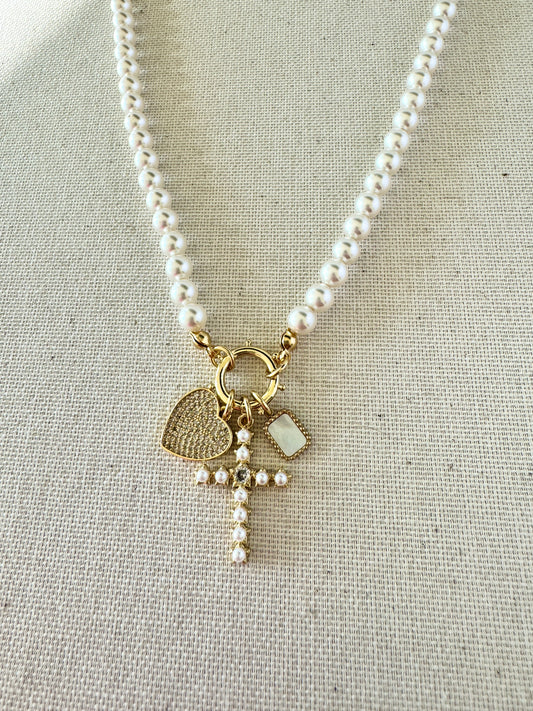 Pearl Cross Charm Necklace