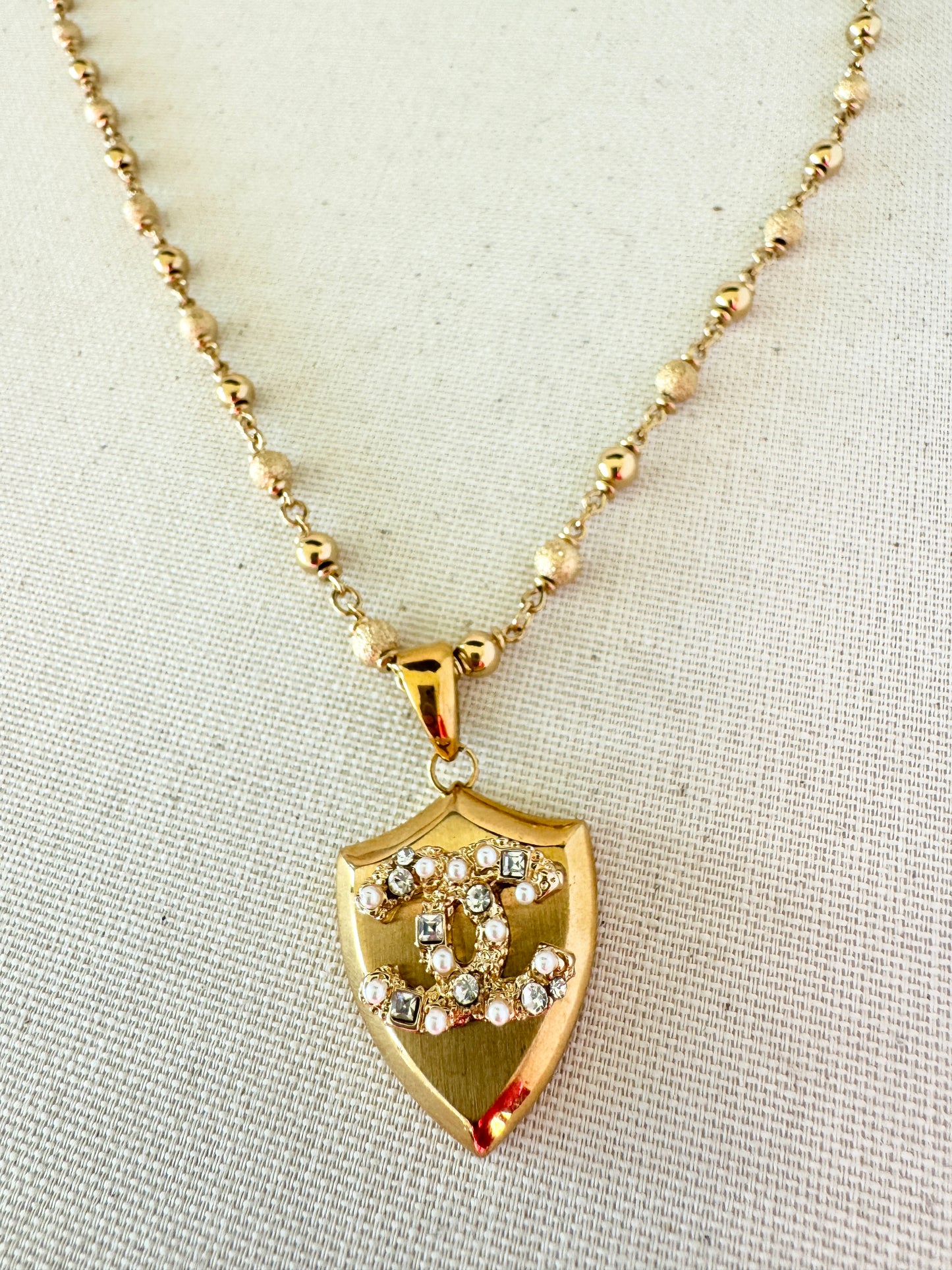 Pearl and Pave CC Shield Necklace