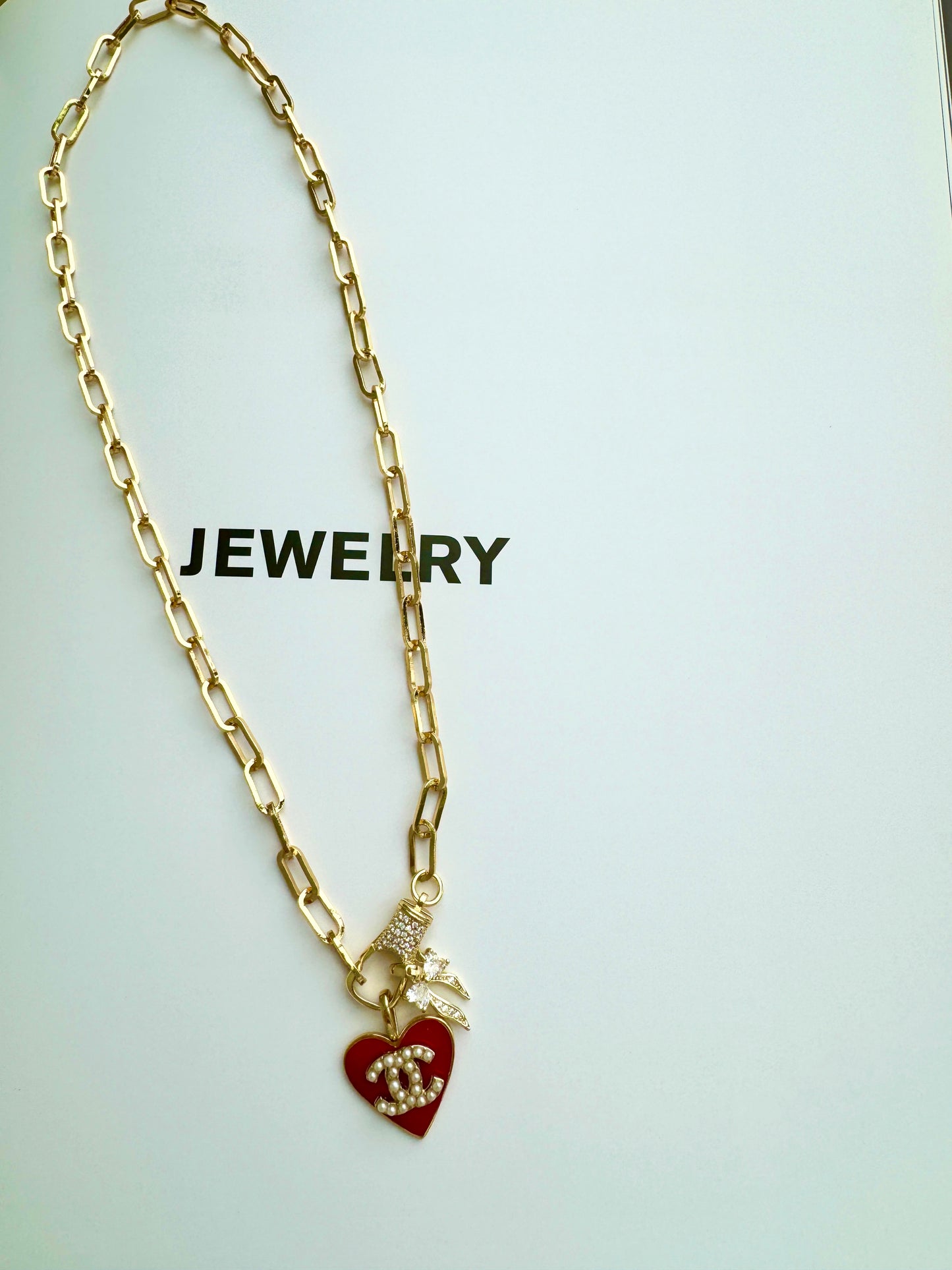 Red CC Heart and Bow Necklace