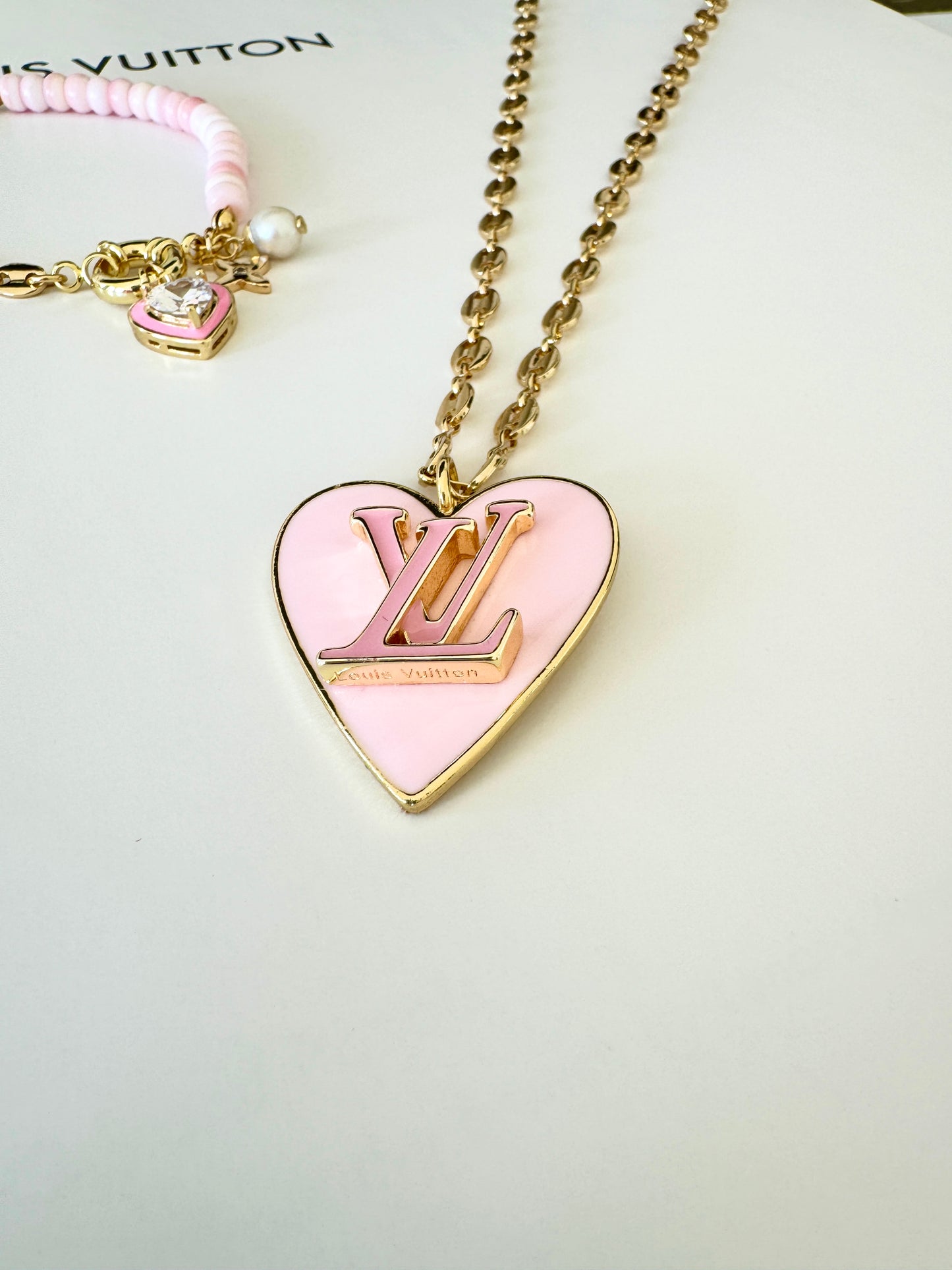 LV Enamel Light Pink Heart Necklace